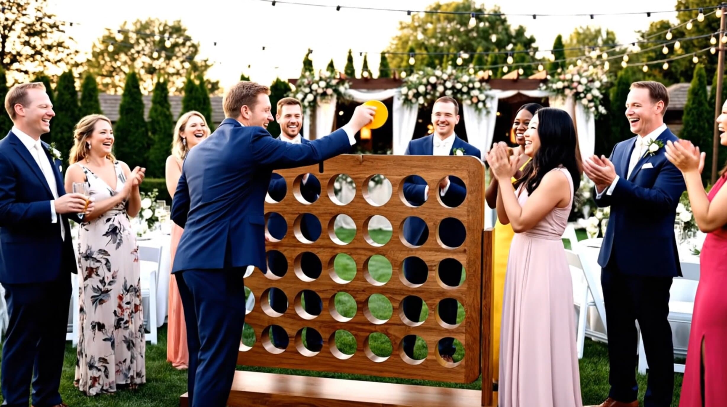 Wedding guests playing giant Connect 4 on the lawn